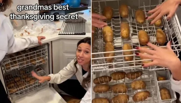 Девушка моет картошку в посудомойке, посудомоечная машина, картошка, овощи, рождественский ужин, лайфхаки, как мыть картошку