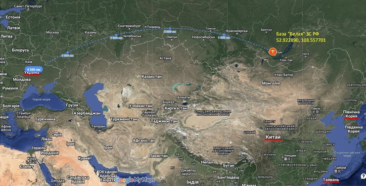 Удари РФ по Україні, авібаза Белая, координати, яка відстань