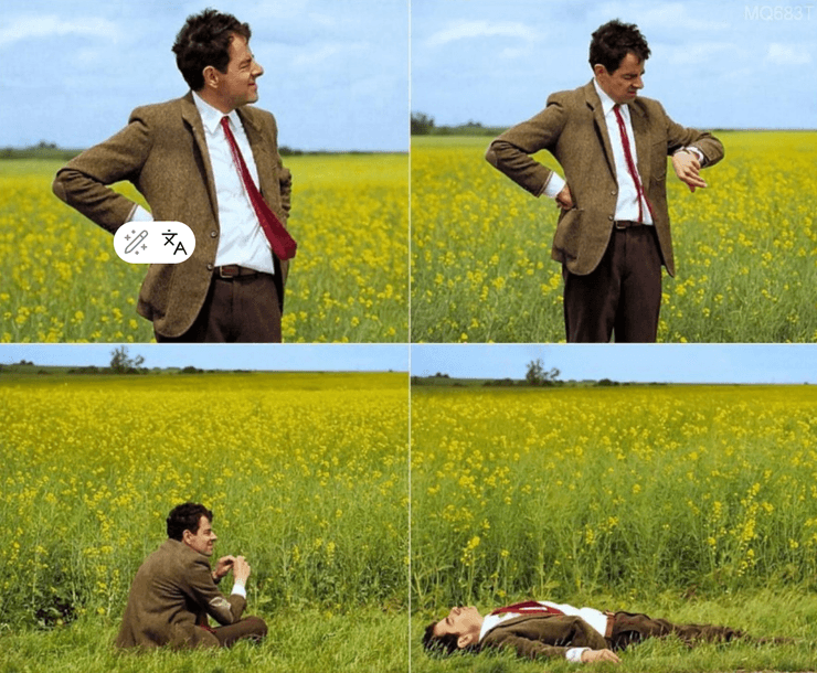 Персонаж Мистер Бин стоит в поле с задумчивым видом