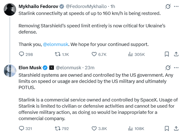 Відповідь Маска Федорову щодо Starshield