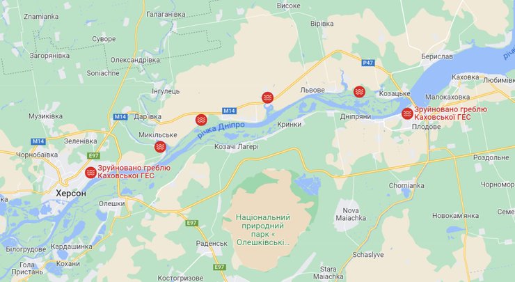 Разрушения Каховской ГЭС начали показывать на Google-картах