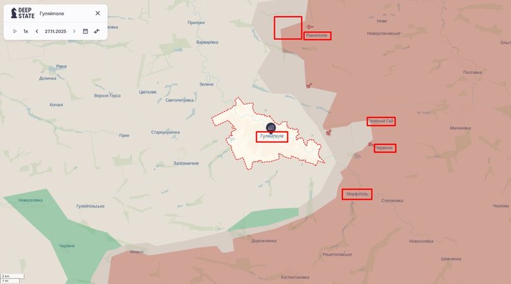 Карта фронту поруч з Гуляполем  станом на 28 листопада