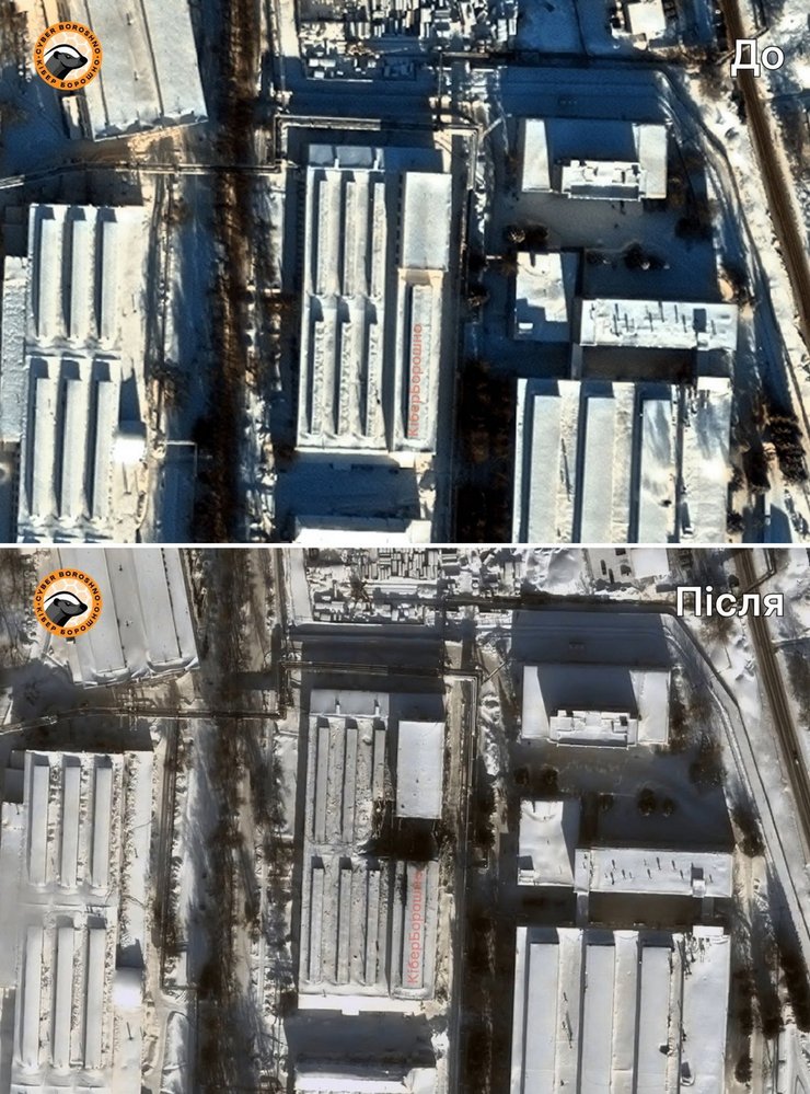 Фото цеху №22 Воткінського заводу до та після удару Фламінго 20 лютого