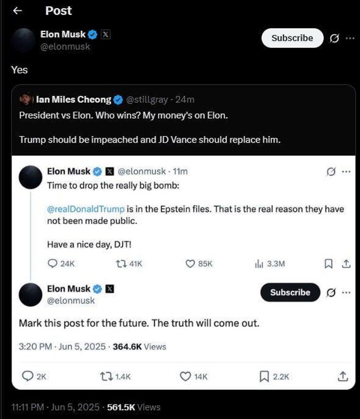 Маск поддержал импичмент Трампу