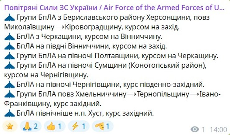 Скриншот допису Повітряних сил про атаку Шахедів о 14 год 1 квітня
