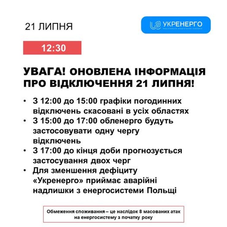 Відключення світла, Укрнерго, 21 липня