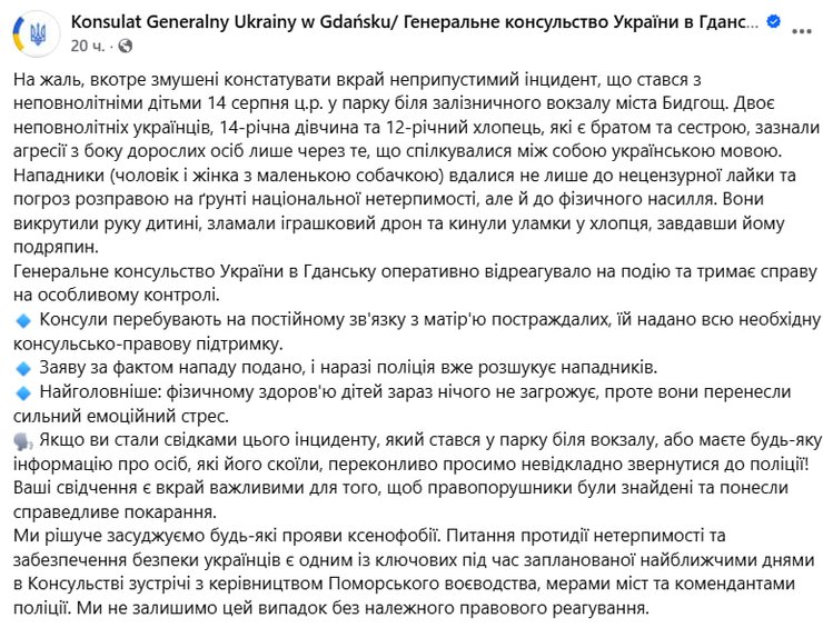 У Польщі двоє українських дітей стали жертвами агресії дорослих через те, що розмовляли між собою українською мовою.
