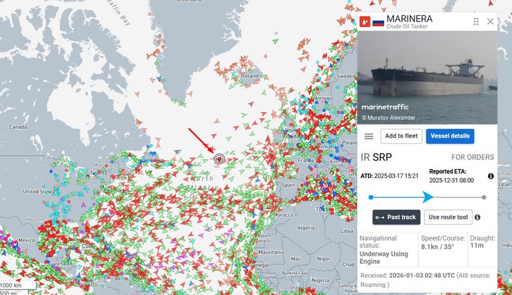 Карта з місцерозташуванням танкера Bella 1станом на 3 січня 2025 року