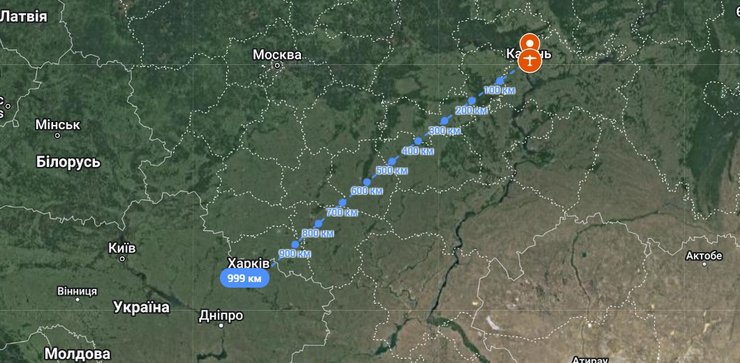 Аеродром Борисоглєбський, Казань, ЗС РФ, відстань