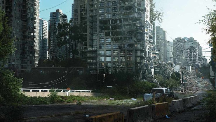 здания, растительность, небо, провода, иллюстрация