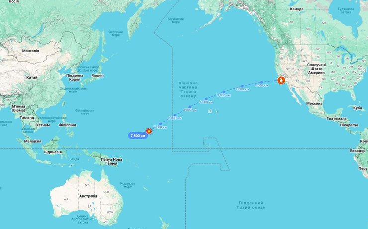 Карта з орієнтовним шляхом Minuteman III під час випробувань 5 листопада