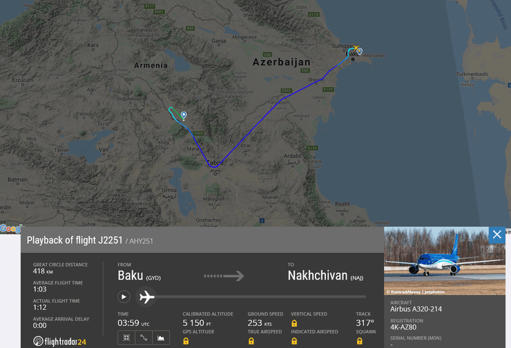 Рейс "Баку" Нахчивен (Нахичевень) через территорию Ирана
