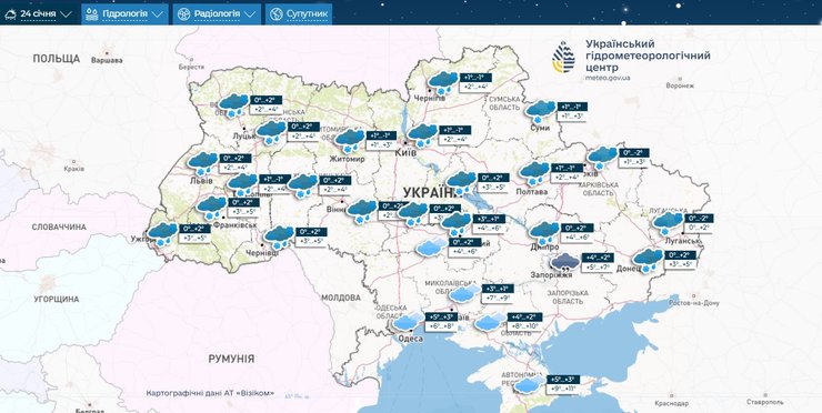 Погода в Україні, Укргідрометцентр, карта погоди, 24 січня