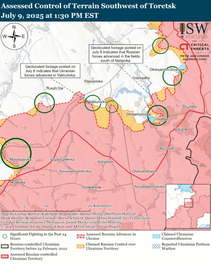 ВС РФ наступают от Торецка и Константиновки, свидетельствует карта ISW 9 июля