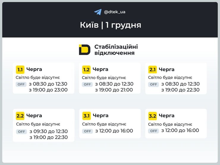 Графіки відключень електроенергії 1 грудня 1-3 змін у м. Києві