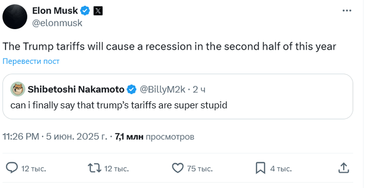Пост Маска о рецессии из-за тарифов Трампа