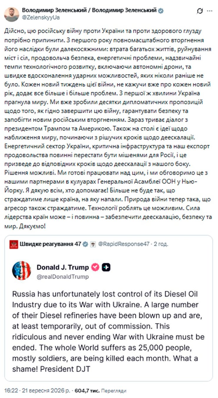 Володимир Зеленський відповів Дональду Трампу щодо ударів України по російських НПЗ та назвав умову для деескалації