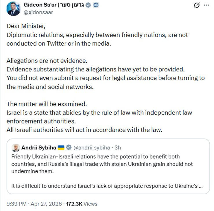МИД Израиля ответил относительно ворованного украинского зерна