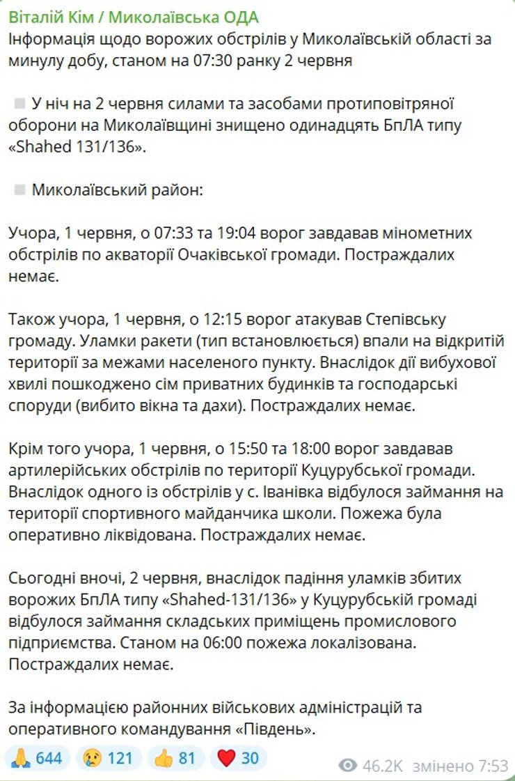 Обстрел 2 июня, атака дронов РФ, Shahed-136, последствия, Ким, Николаевская область