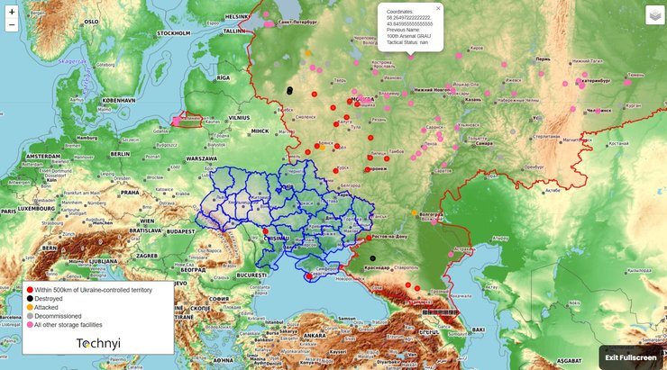 Карта с развязкой арсеналов ГРАУ и других складов БК российской армии