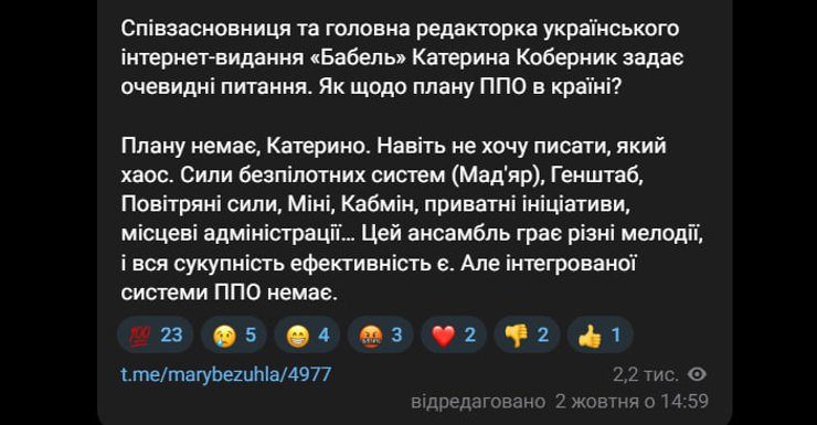 Публікація Мар’яни Безуглої у Telegram