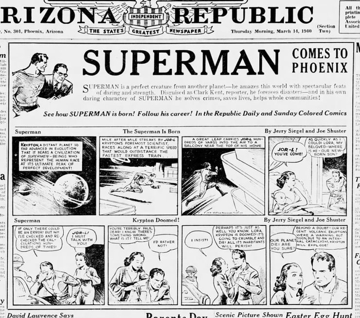Архивная газетная страница с комиксом о повлении Супермена