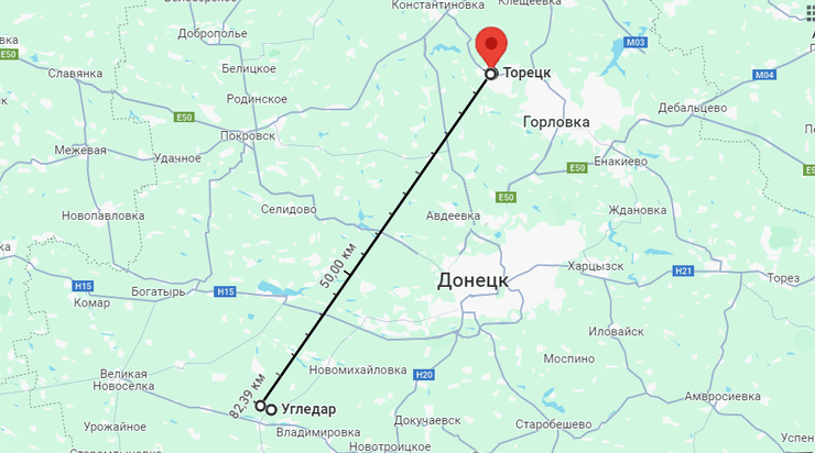 Расстояние по прямой от Торецка до Угледара — чуть более 80 километров