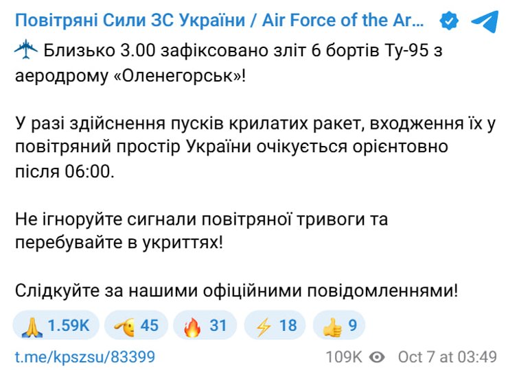 повідомлення Повітряних сил про виліт Ту-95