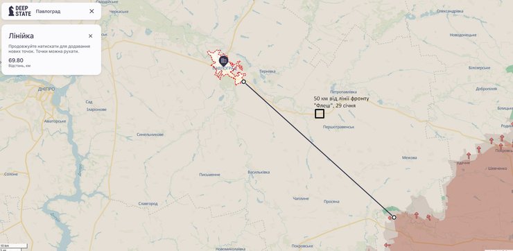 Карта фронту у районі Павлограда Дніпропе тровської області, DeepState, 28 січня