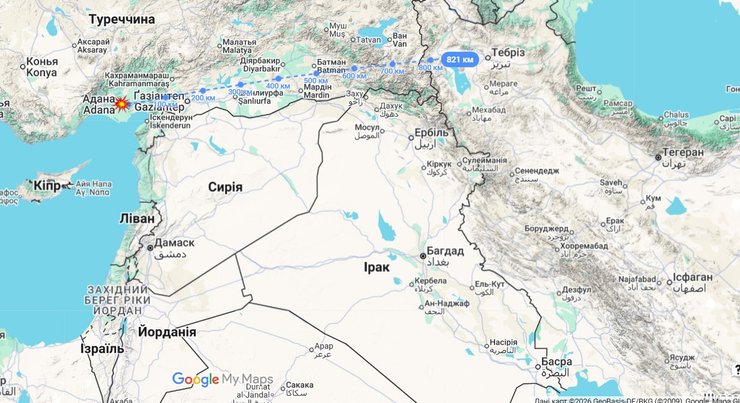 Карта з можливою точкою атаки на базу "Інджирлік" 13 березня