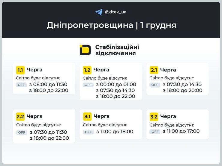 Графік відключень електроенергії на 1 грудня 1-3 змін у Дніпропетровській області