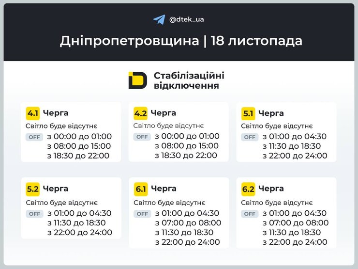 днепропетровская область график отключения света 18 ноября
