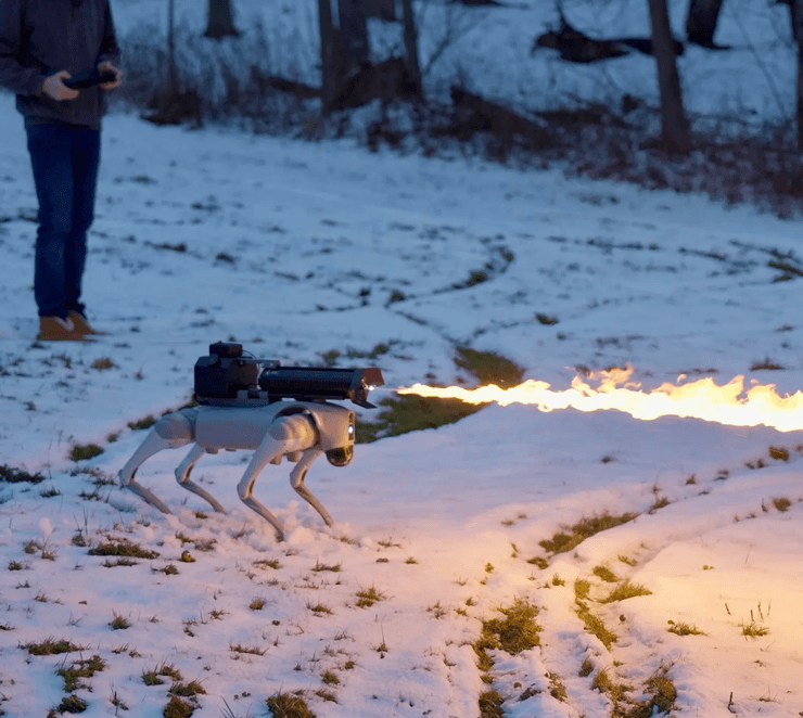 Робот, собака-робот, огнемет, уборка снега, оружие, разрешение на оружие, огнемет, работает на бензине, лазерный прицел