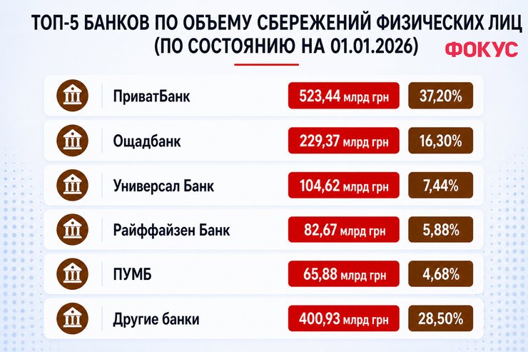 Топ 5 банков по объему сбережений физлиц (по состоянию на 01.01.2026) Топ банков, в которых хранят средства украинцы