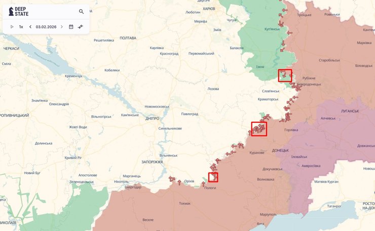 Карта лінії бойового зіткнення станом на 5 лютого, DeepState