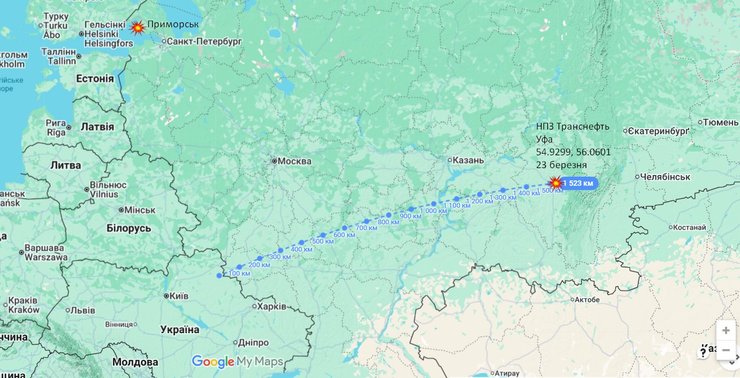 карта ударов дронов СОУ в Приморске и Уфе 21-23 марта