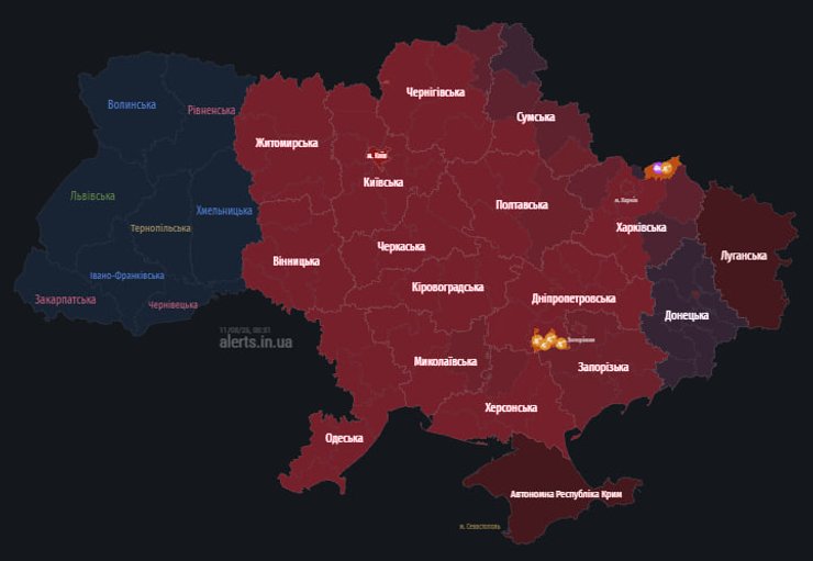 карта повітряних тривог станом на 00:35 годину