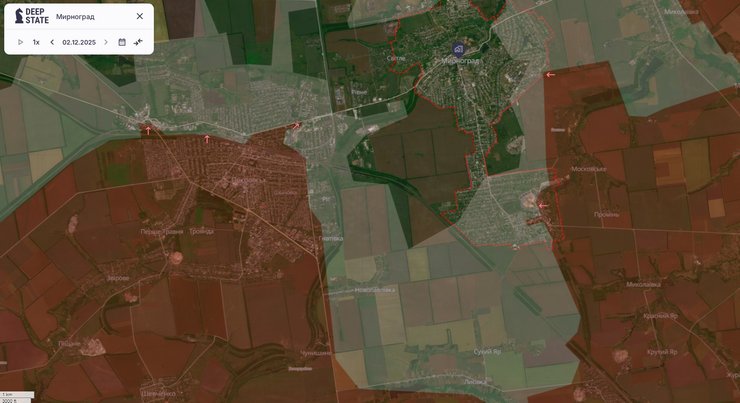 Карта ситуації у Мирнограді, DeepState, 3 грудня