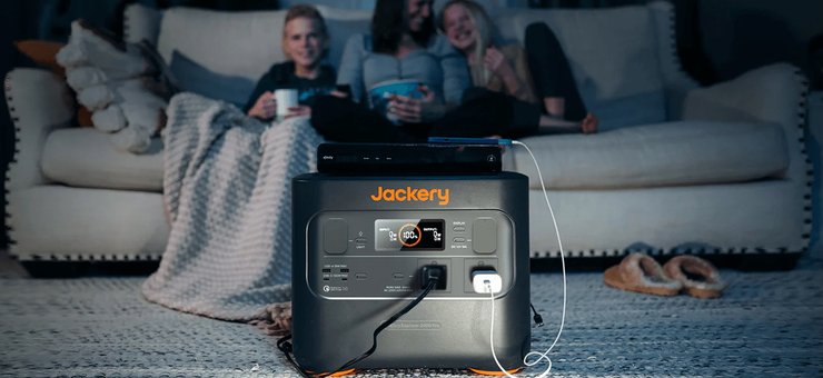 Женщина с детьми сидит на диване перед зарядной станцией Jackery