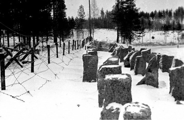 Фото участка с колючей проволокой и бетонными столбами на "линии Манергейма"