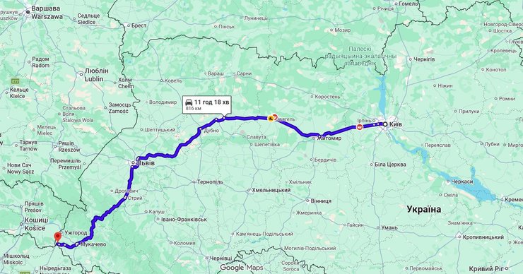 карта с трассой Е-40 Киев-Чоп вдоль границы с Беларусью