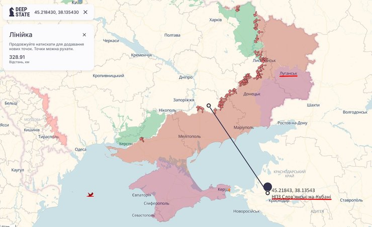 Карта с НПЗ в Славянске-на-Кубани в Краснодарском крае