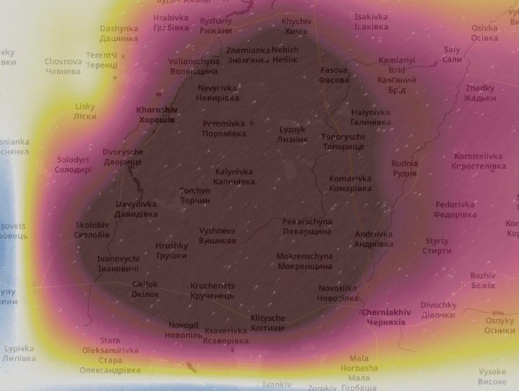 Ситуация с воздухом на Житомирщине 2 марта по версии Ventusky