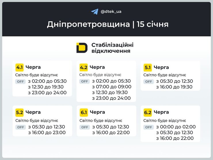 Графики почасовых отключений света в Днепропетровской области на 15 января для 4-6 очередей