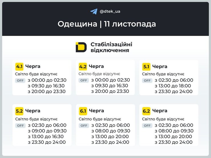 График отключения света в Одесской области 11 ноября График отключения света в Одесской области 11 ноября