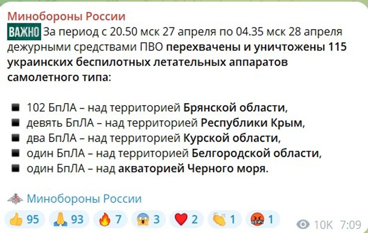 Атака дронов на РФ, Брянск, 28 апреля, Минобороны РФ, дроны