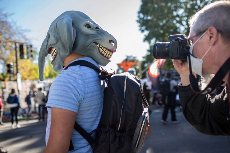 выборы в США, республиканцы, демократы, ослы, слоны, маска, фото, митинг, демонстрация