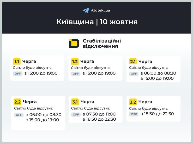 скрин сообщения ДТЭК о графиках для очередей 1–3 в Киевской области на 10 октября