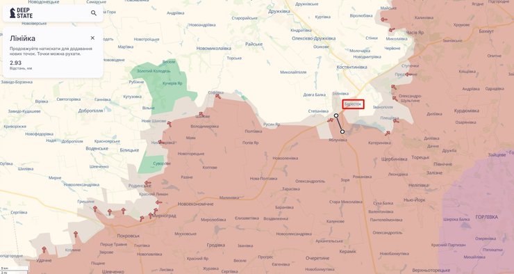 Карта фронту під Костянтинівкою, DeepState, 17-18 лютого