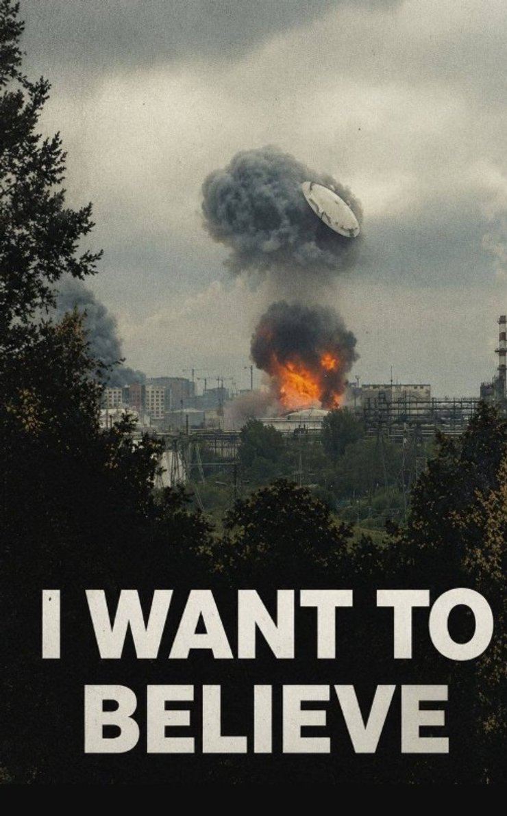 мем с надписью "I want to believe" и взрывом в Москве 18 июня